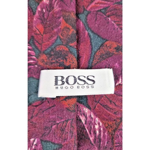 Hugo Boss Burgundy Men's Floral Leaf Print Wool Tie Elegant Business Formal Wear - Picture 3 of 7